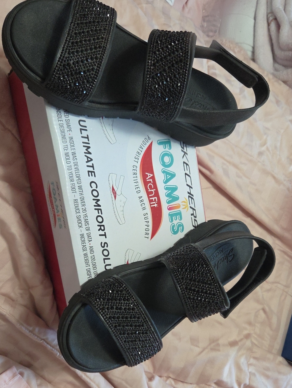 Skechers Arch Fit Black Beaded Foamies Slingback Sandals with Double Straps - Picture 1 of 1